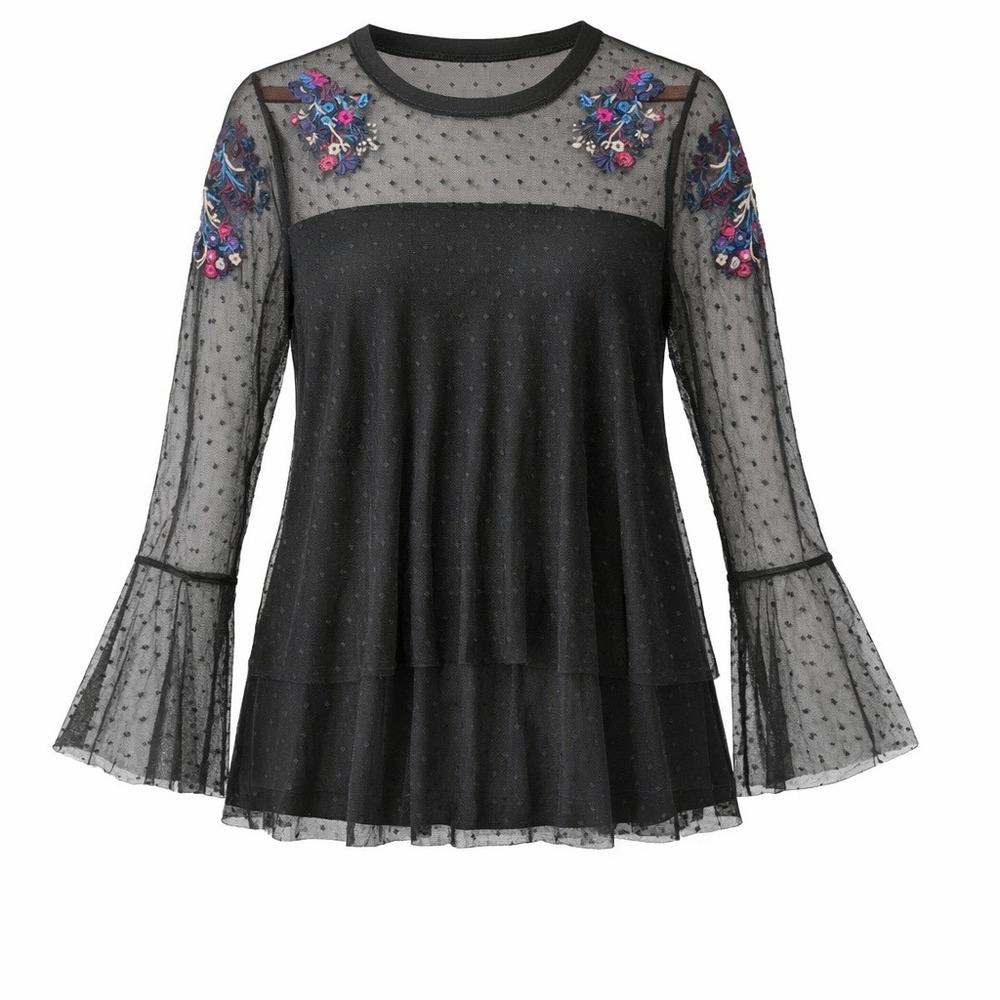 Lane Bryant Womens Black Mesh Embroidered Witchy‎ Wimsygoth Boho Top Size 14/16